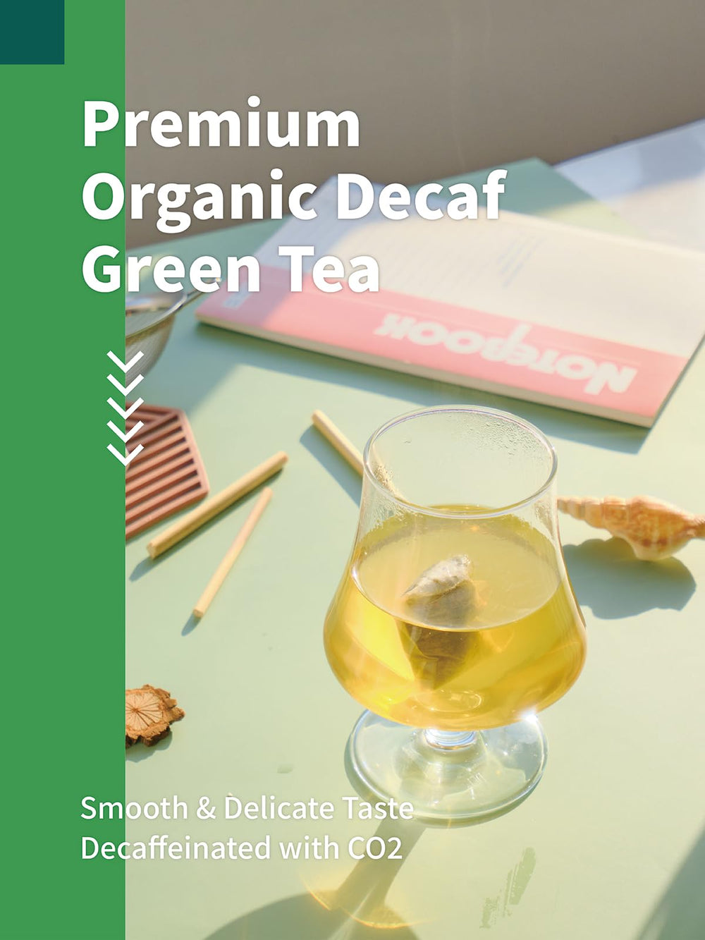 HYNTMYT decaf green tea bag close-up shows leaves and quality.