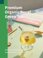 HYNTMYT decaf green tea bag close-up shows leaves and quality.