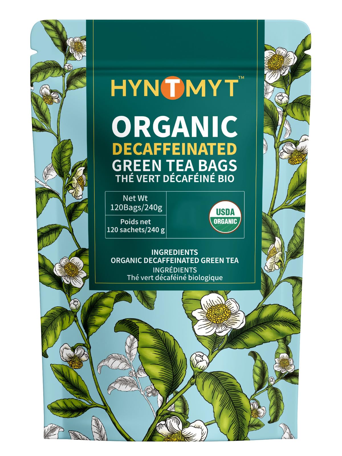 HYNTMYT organic decaf green tea bags in foil packaging preserve freshness and aroma.