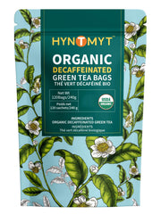 HYNTMYT organic decaf green tea bags in foil packaging preserve freshness and aroma.
