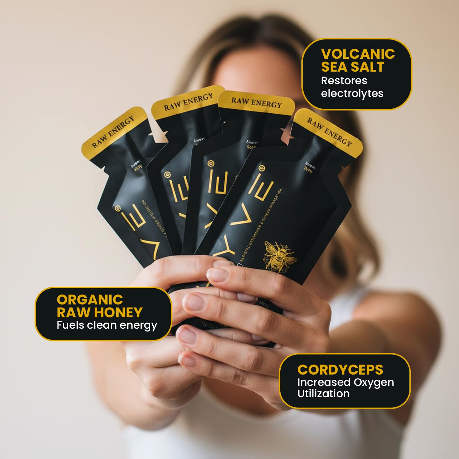 HYVE Cordyceps mushrooms close-up highlights adaptogenic ingredient.