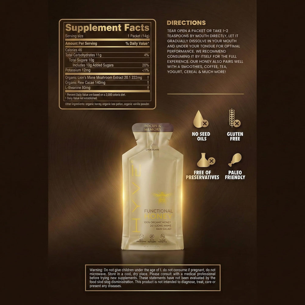 HYVE Mind Functional Honey hero shot highlights convenient sachets.