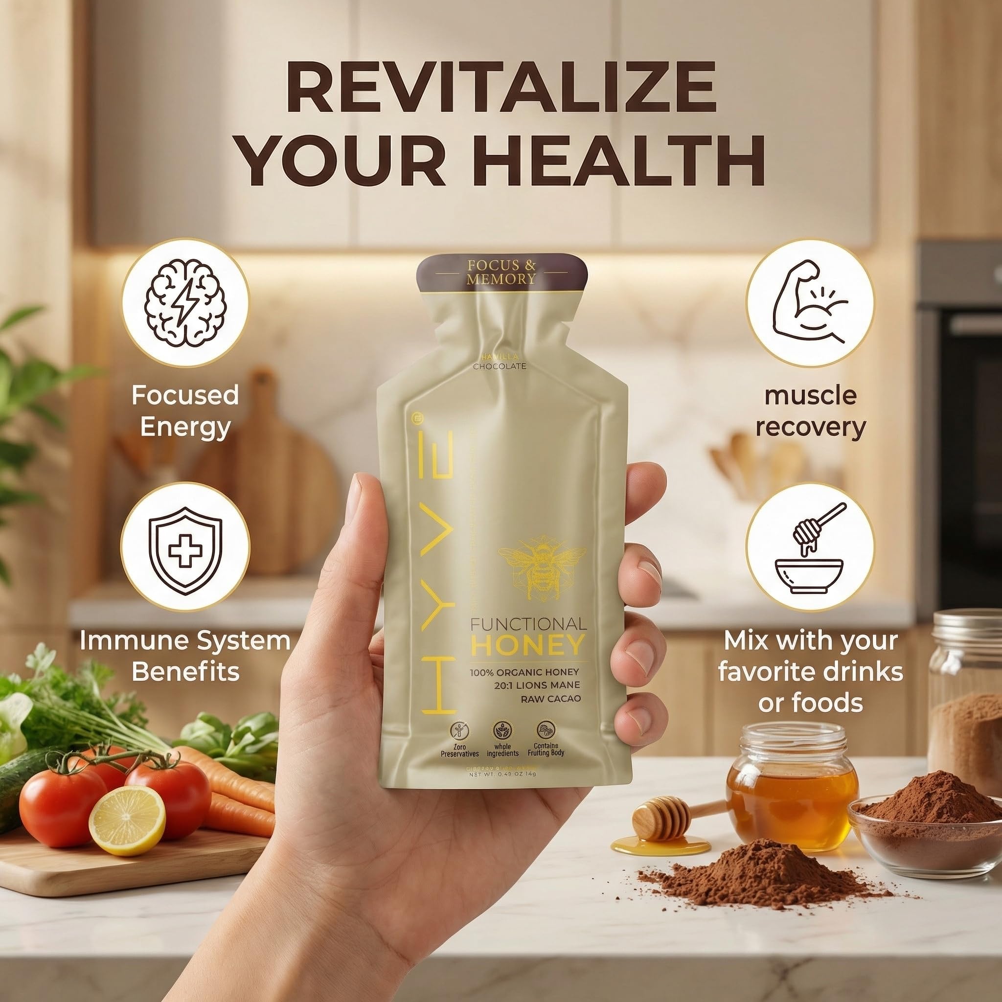 HYVE Mind Functional Honey L-Theanine visual suggests calm focus.
