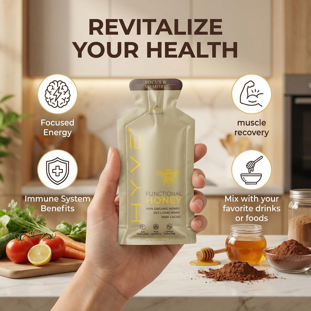 HYVE Mind Functional Honey L-Theanine visual suggests calm focus.