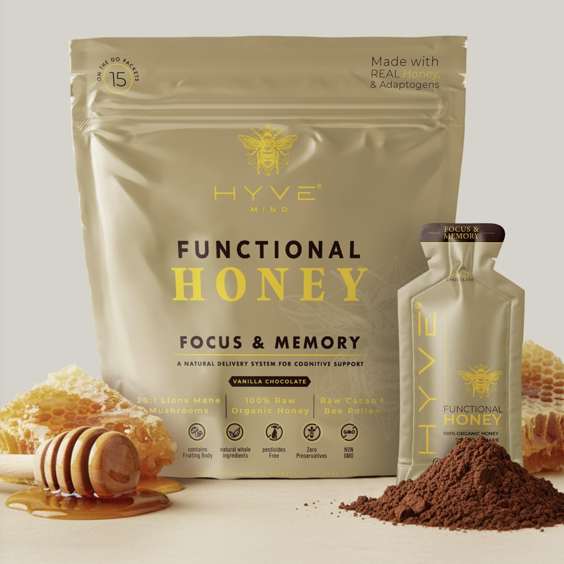 HYVE Mind Functional Honey packaging sachets support daily focus.
