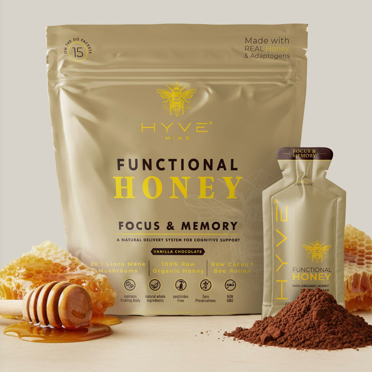 HYVE Mind Functional Honey packaging sachets support daily focus.