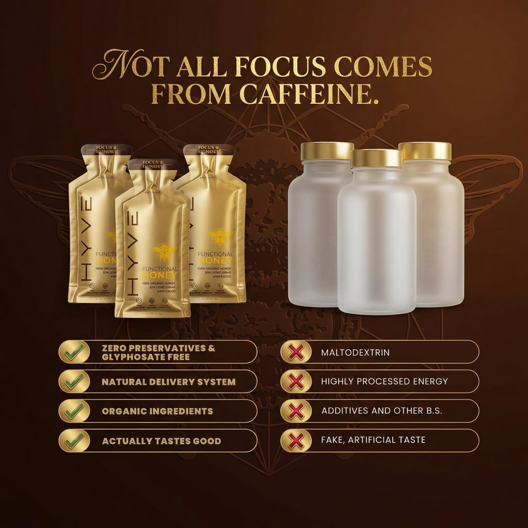 HYVE Mind Functional Honey raw cacao detail highlights mood-boosting notes.