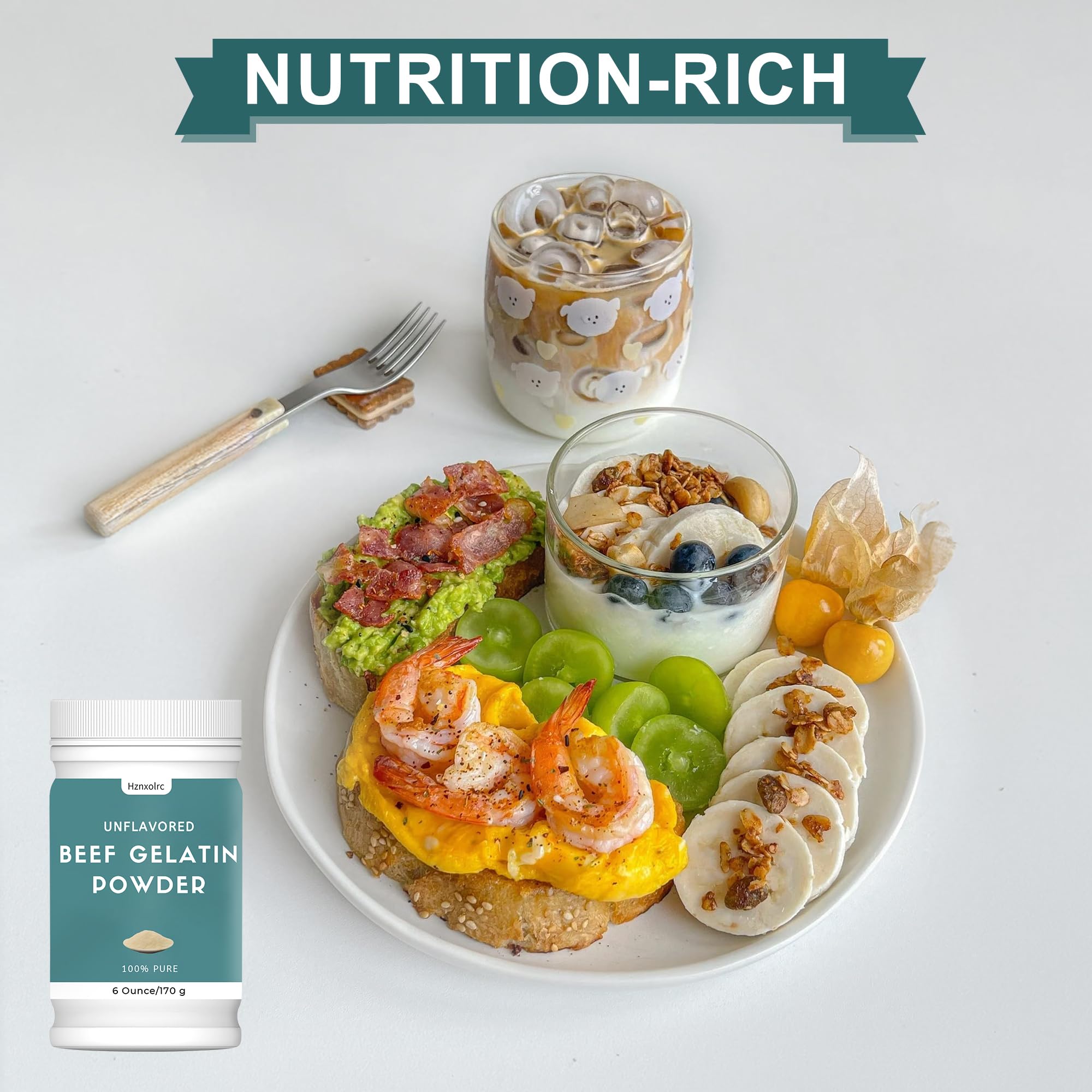 Hznxolrc beef gelatin powder unflavored stored in canister for freshness.
