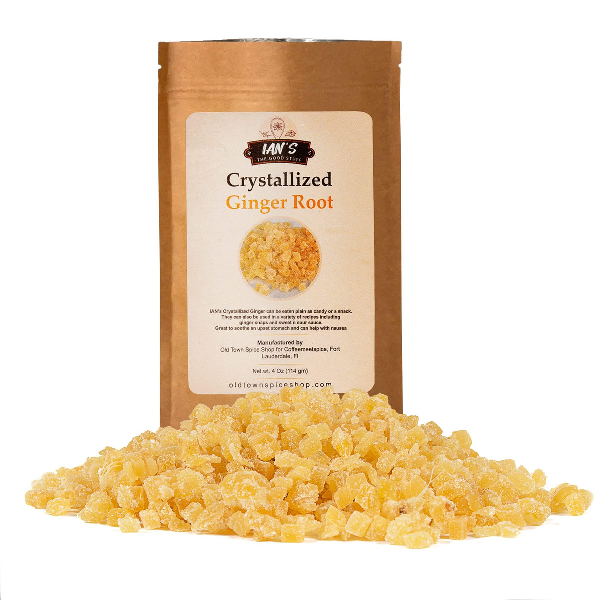 IAN's crystallized ginger pieces in a 4oz bag, ideal for snacking and baking.