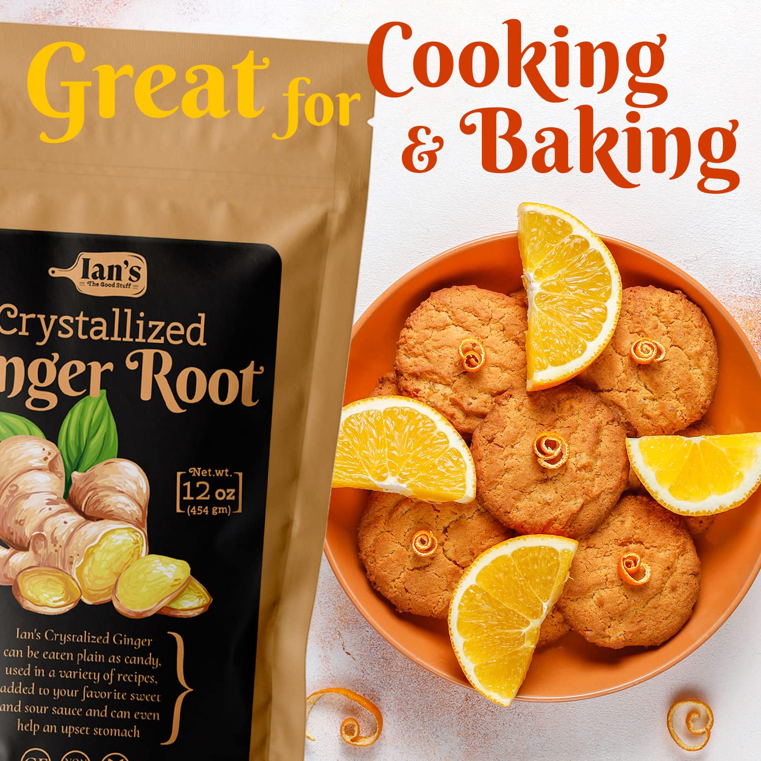 IAN's dried ginger slices on a plate offer a tasty snack option.