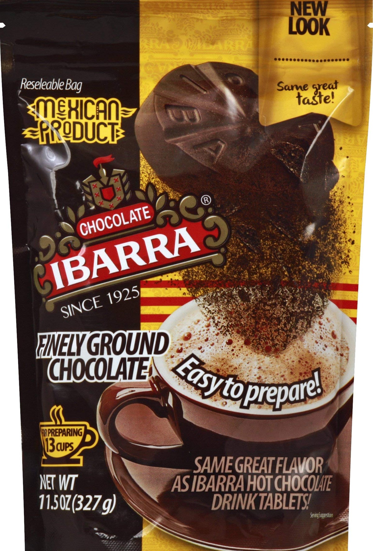 IBARRA Mexican chocolate powder in a cup, rich cocoa flavor for cozy mornings.