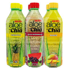 Iberia Aloe Vera Drink with Pulp and Chia Watermelon Acai six-pack bottle close-up for refreshing hydration