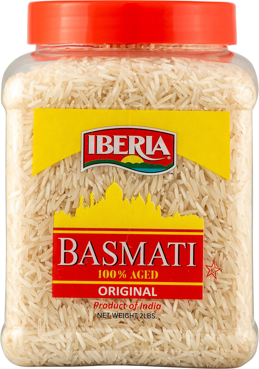 Iberia Basmati Rice Jar label close-up, packaging designed for freshness and easy storage.