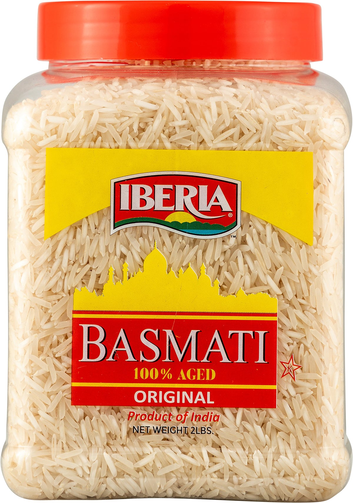 Iberia Basmati Rice Jar label close-up, packaging designed for freshness and easy storage.