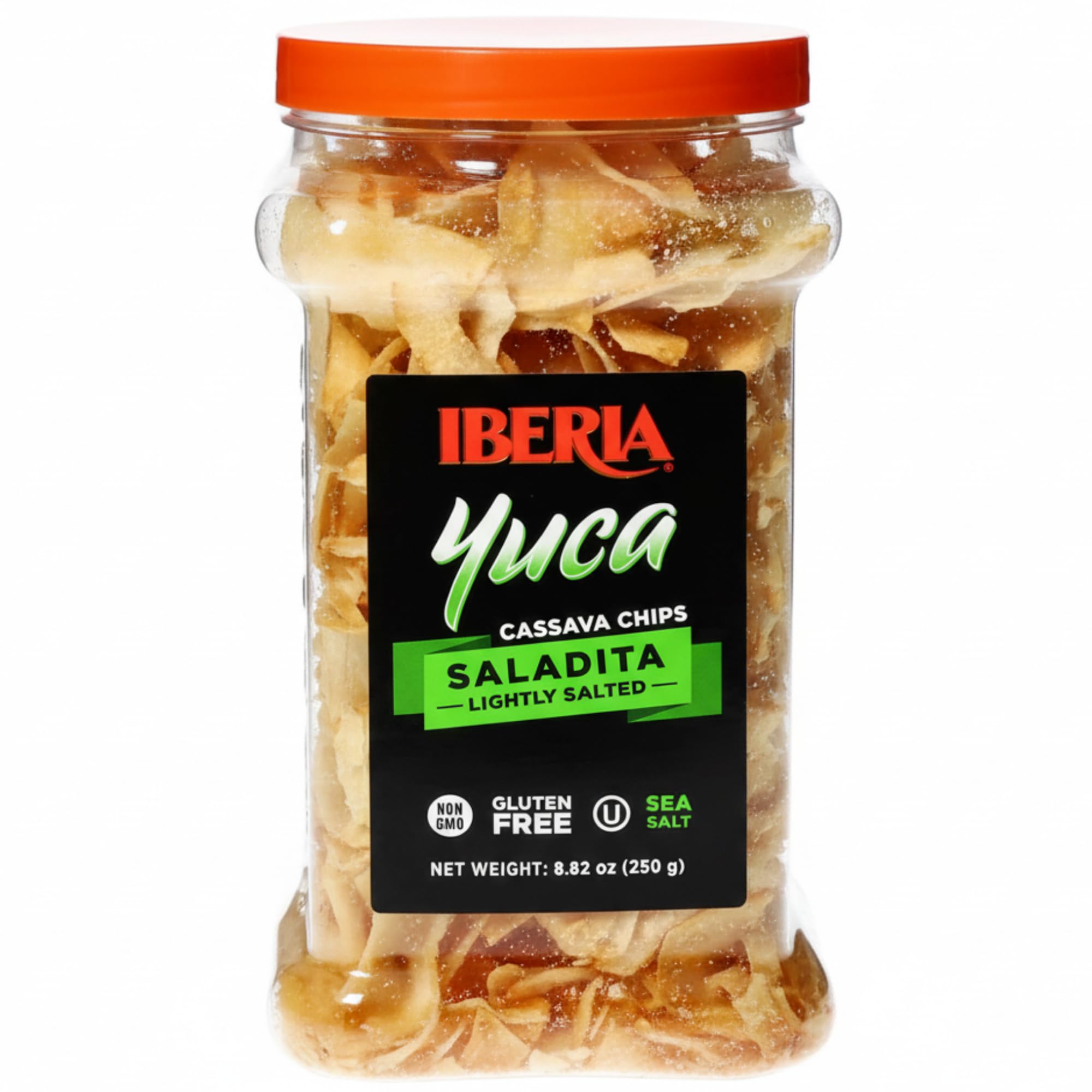 Iberia Cassava Chips jar packaging preserves freshness for anytime snacking.