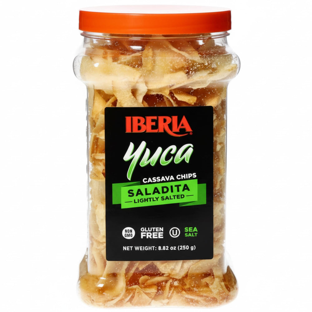 Iberia Cassava Chips jar packaging preserves freshness for anytime snacking.
