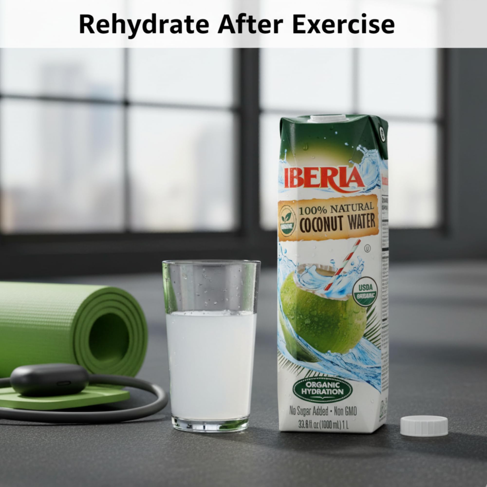 Iberia coconut water glass on a kitchen table ready to enjoy.