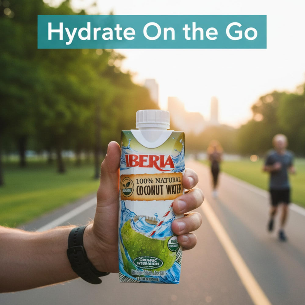 Coconut water in a gym bag ready for post-workout hydration.