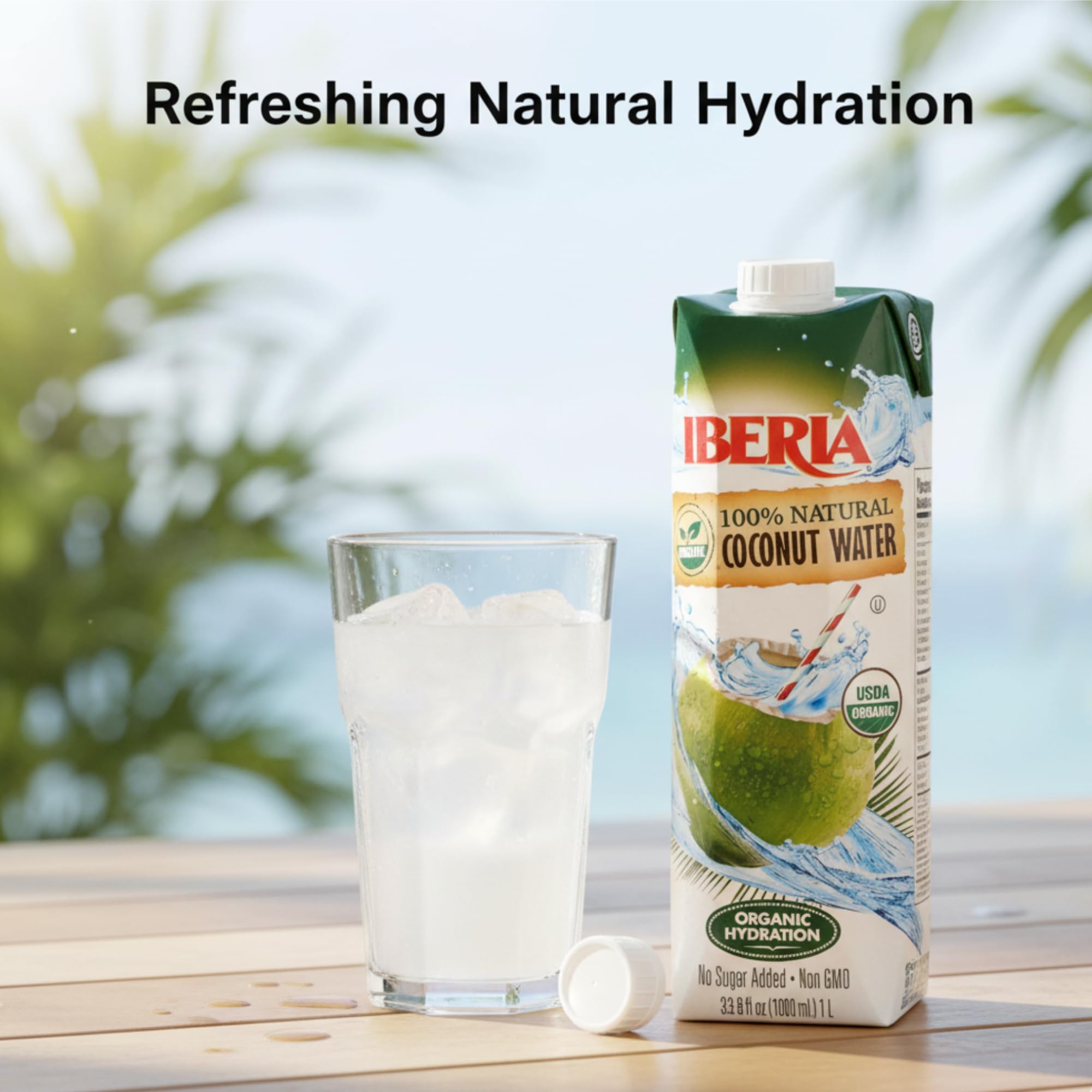 Chilled Iberia coconut water served with ice on a sunny day.
