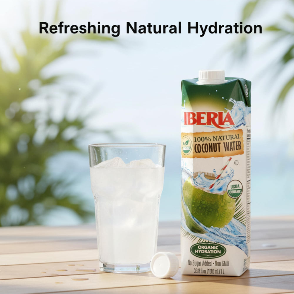 Chilled Iberia coconut water served with ice on a sunny day.