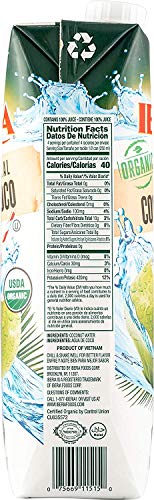 Iberia coconut water label close-up showing organic, additive-free ingredients.