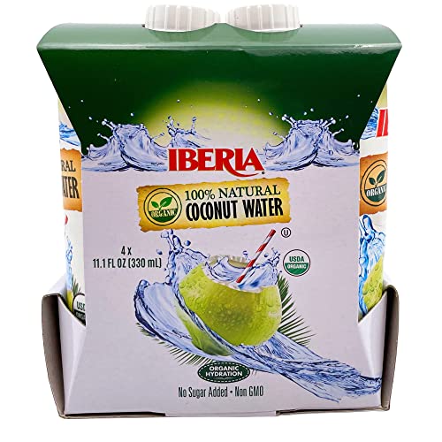Organic certification label on Iberia coconut water bottle.
