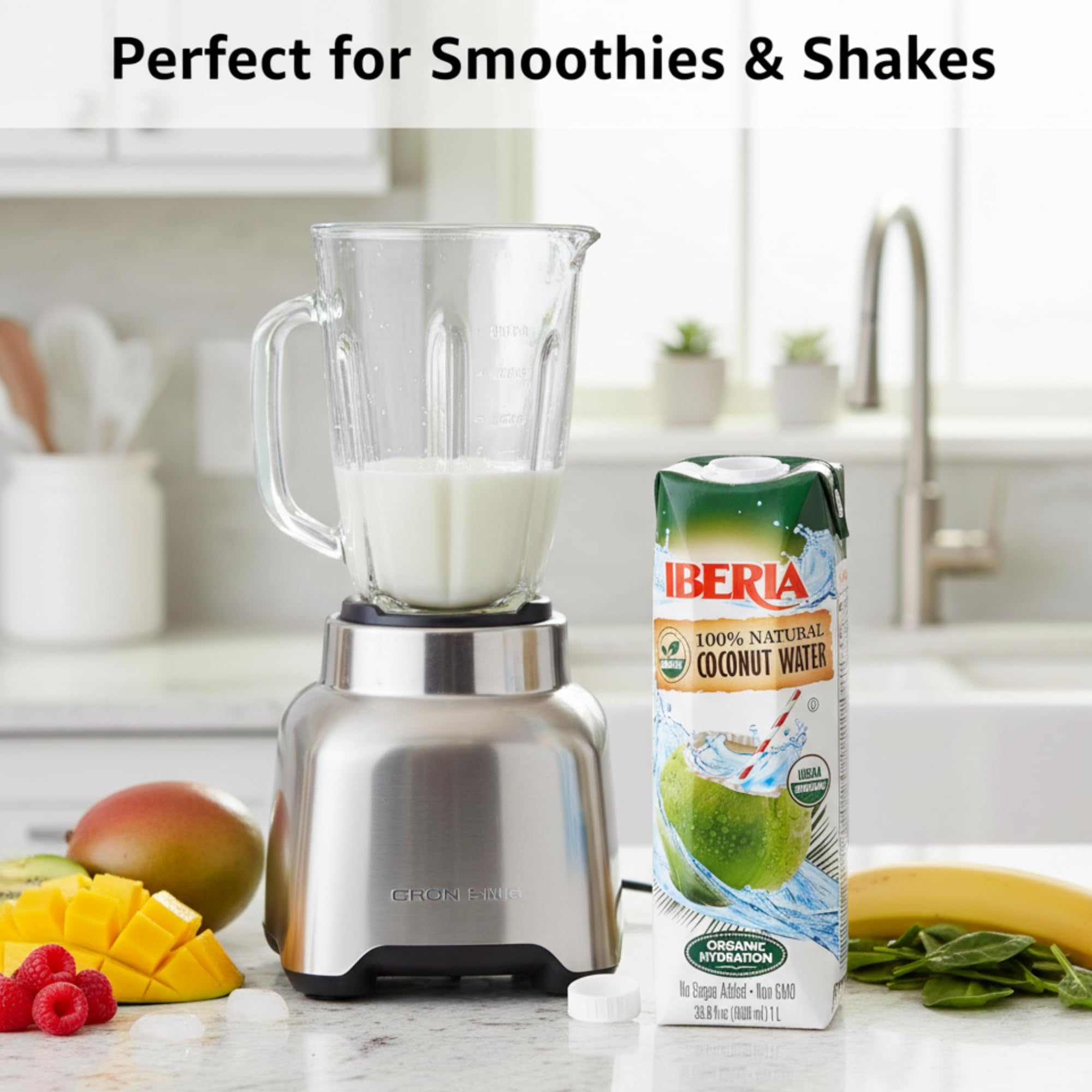 Iberia coconut water bottle highlighted as a pure, organic option.