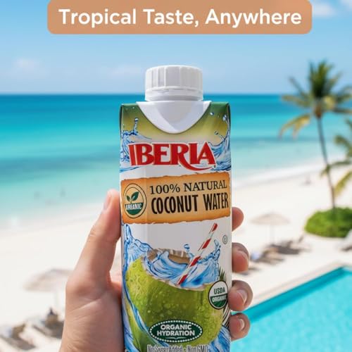 Pack of 24 Iberia coconut water bottles for home or office use.