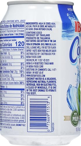 Iberia coconut water with pulp can close-up emphasizes convenient hydration