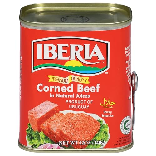 Iberia Corned Beef slices frying with onions for a quick breakfast.