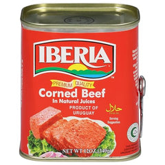 Iberia Corned Beef slices frying with onions for a quick breakfast.