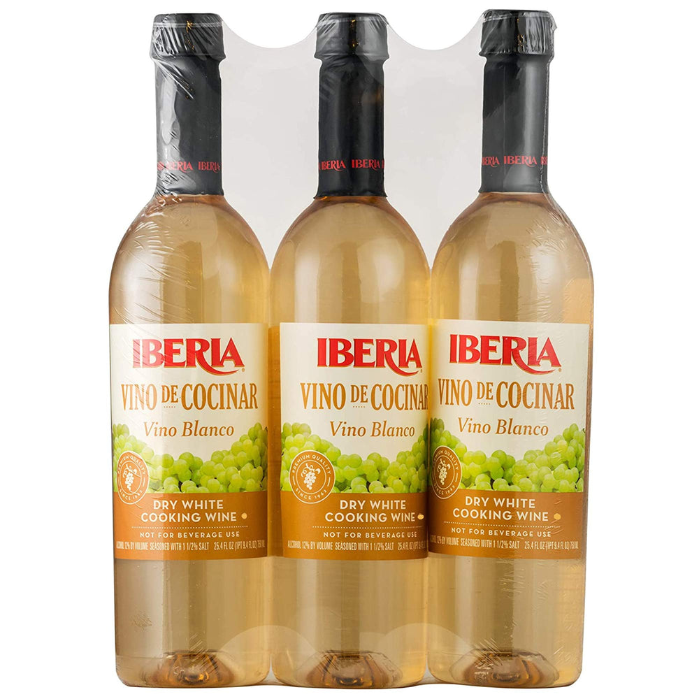 Iberia Dry White Cooking Wine bottle front view, great for seafood sauces.