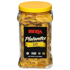 Hand holding Iberia Garlic Plantain Chips showing satisfying crunch and natural seasoning
