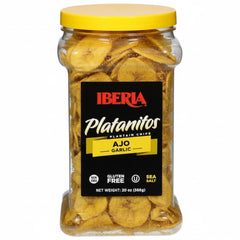 Iberia Garlic Plantain Chips jar displaying crisp, savory flavor and natural ingredients for a healthy snack