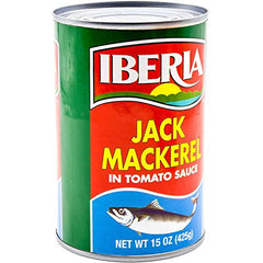 Iberia Jack Mackerel in Tomato Sauce can label highlighting sustainable sourcing.