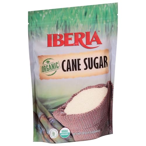 Iberia Organic Cane Sugar in a glass jar, convenient for pantry storage and measuring.
