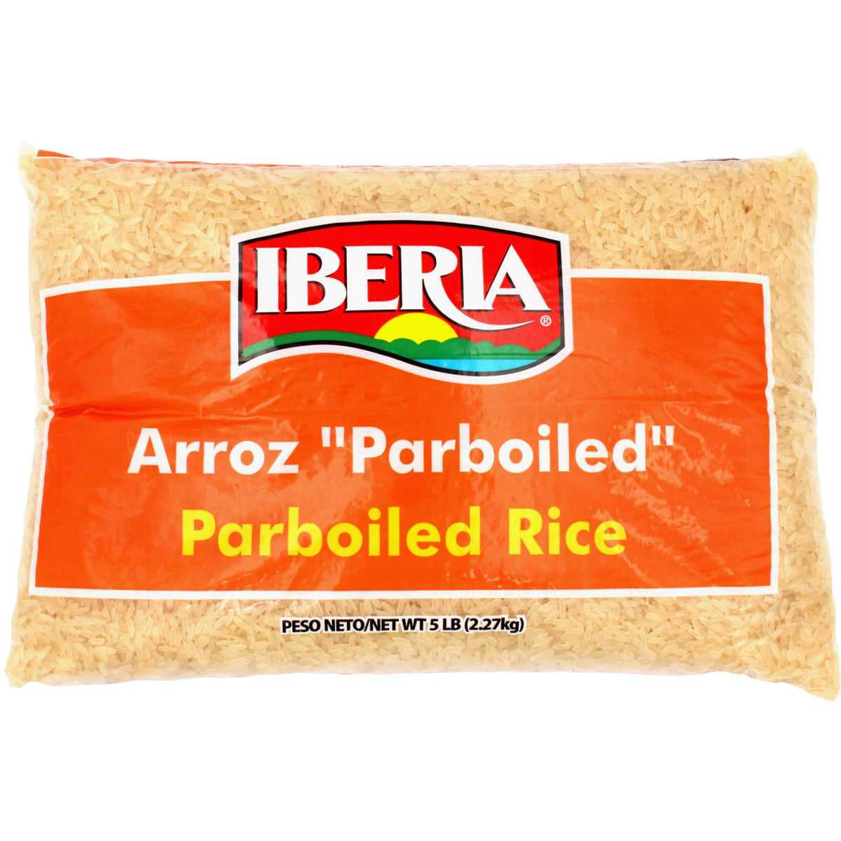 Iberia parboiled rice 5 lb bag showing fluffy, separate grains ideal for pilafs.