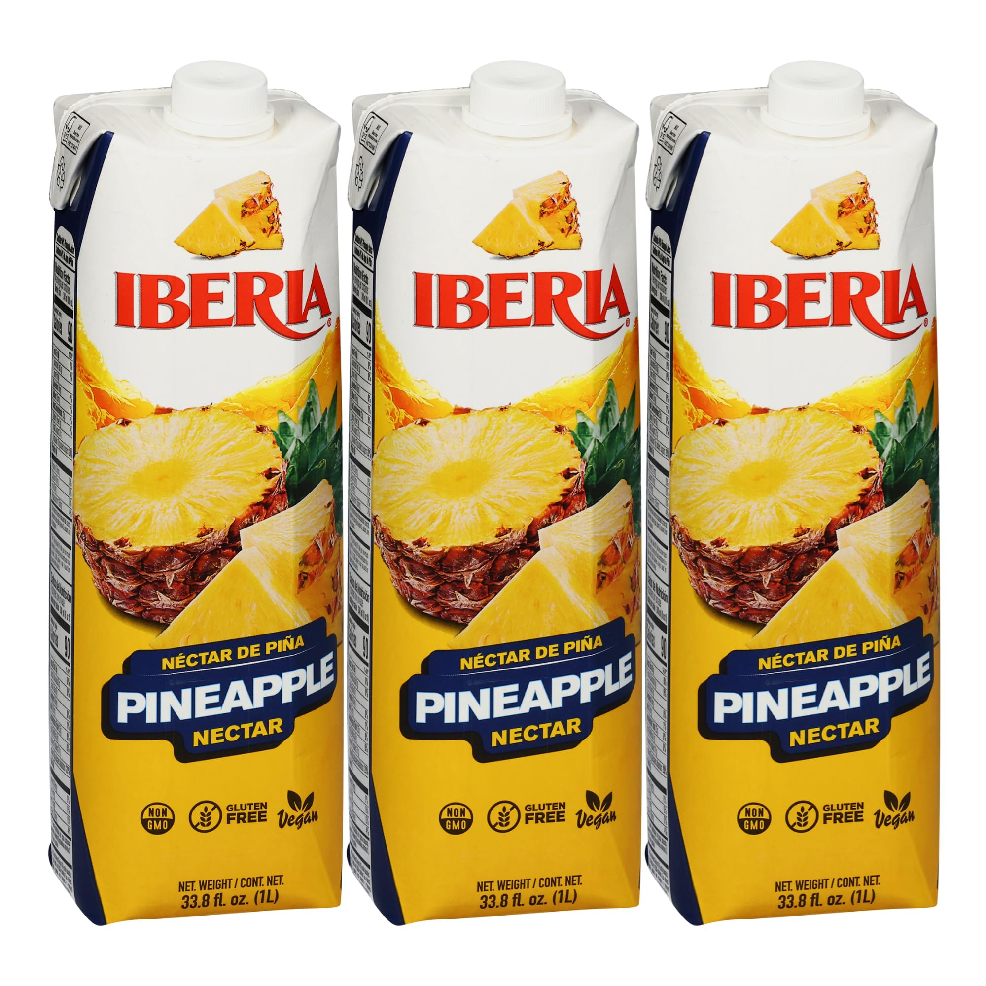 Iberia Pineapple Nectar bottle closeup highlighting real pineapple puree flavor.