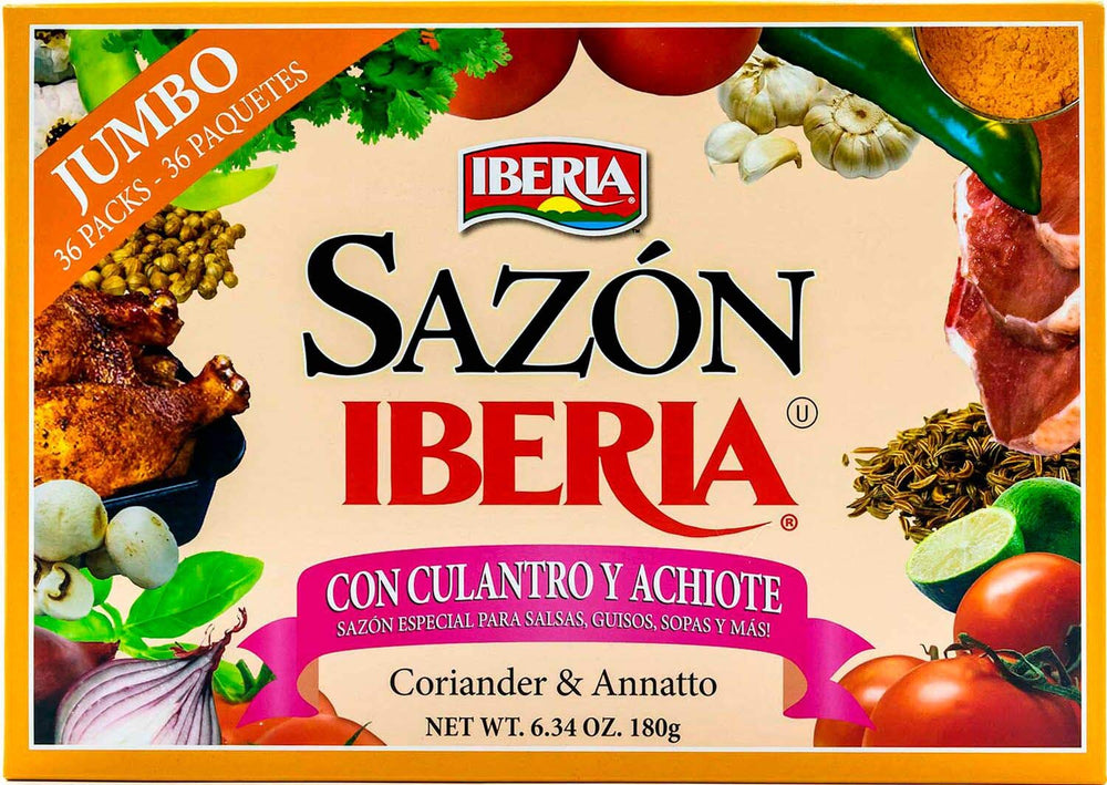 Iberia Sazon Jumbo Pack packaging shows coriander and achiote for quick flavor boosts