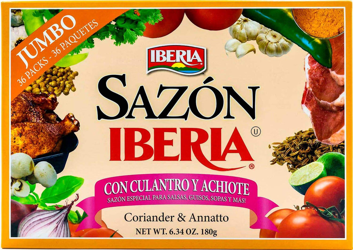 Iberia Sazon Jumbo Pack packaging shows coriander and achiote for quick flavor boosts