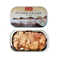 ICAN Wild Cod Liver from Iceland – label closeup signals premium quality for pantry shelves.