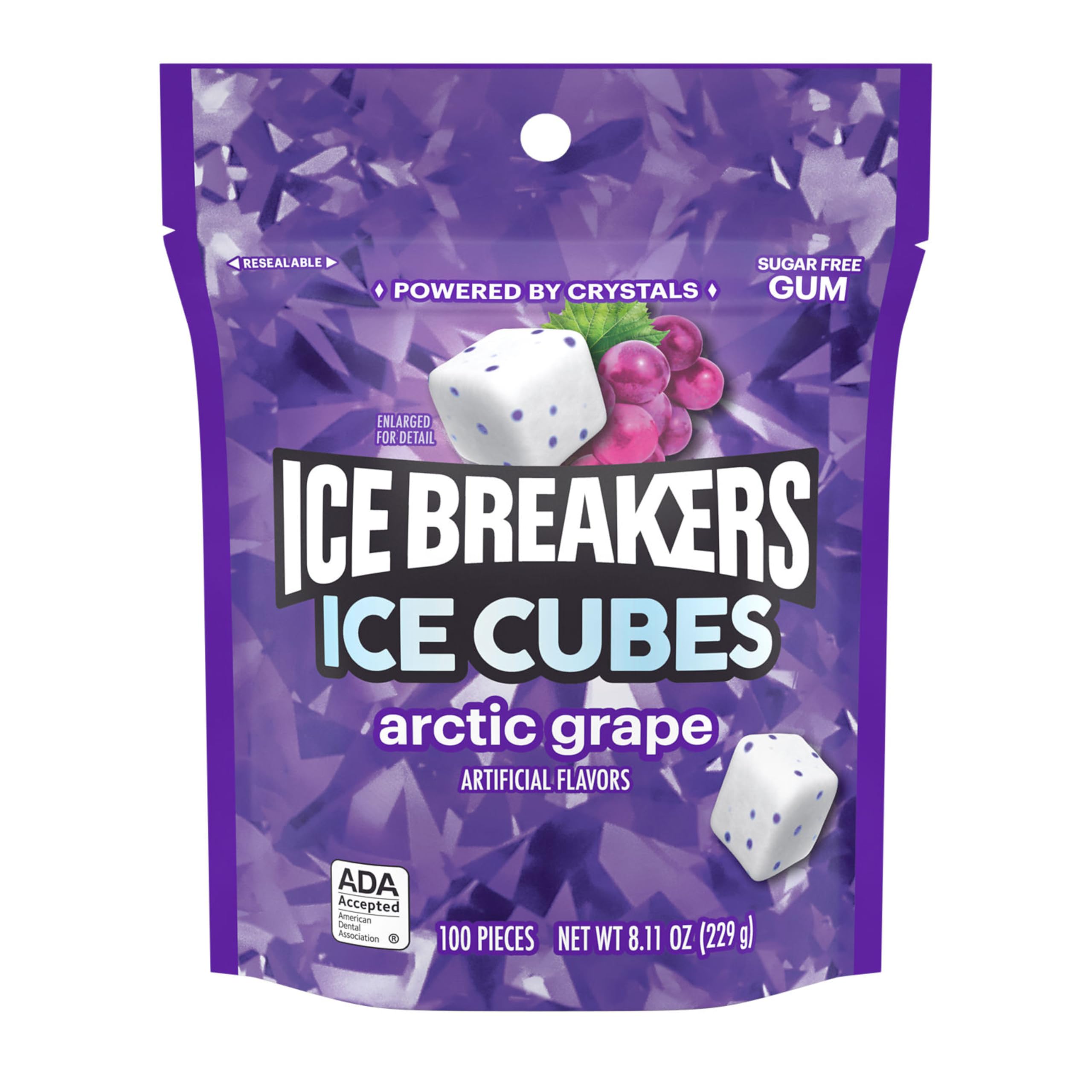 Ice Breakers Arctic Grape cubes close-up showing grape flavor and texture.