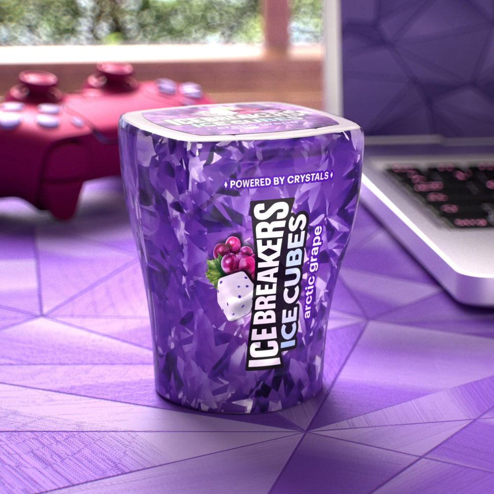Ice Breakers Arctic Grape Ice Cubes packaging highlights sugar free option