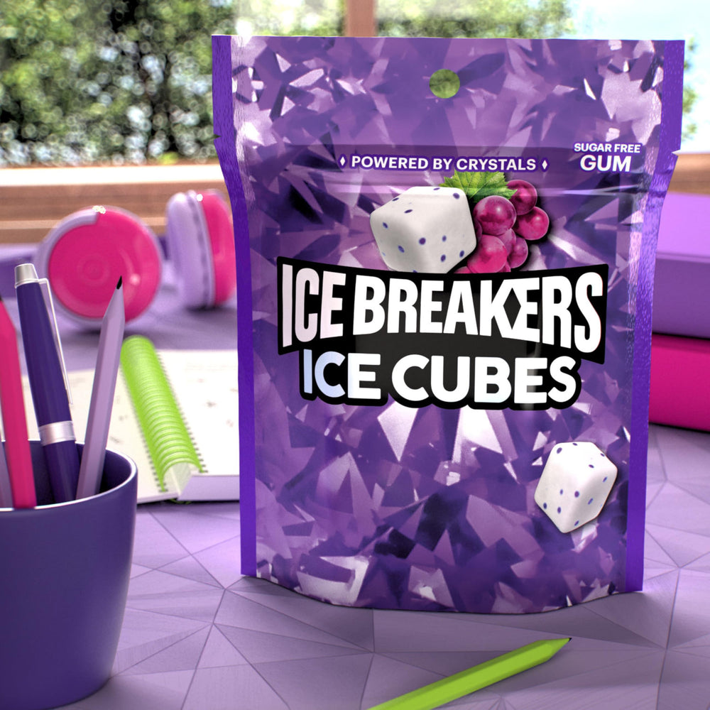 Ice Breakers Arctic Grape gum in car for travel breath refresh.