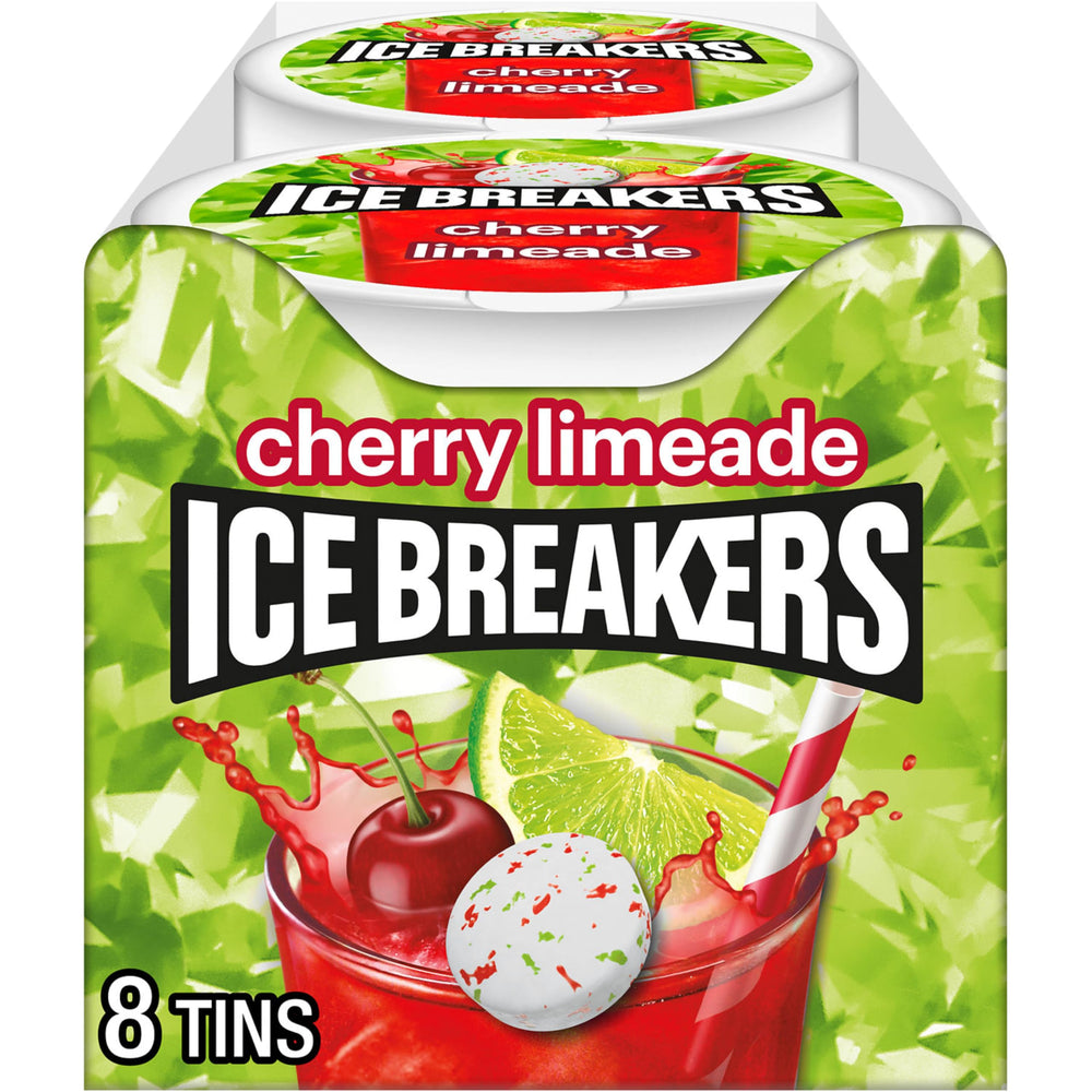 Ice Breakers Cherry Limeade mints tin close-up for fresh breath on the go.