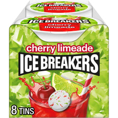 Ice Breakers Cherry Limeade mints tin close-up for fresh breath on the go.