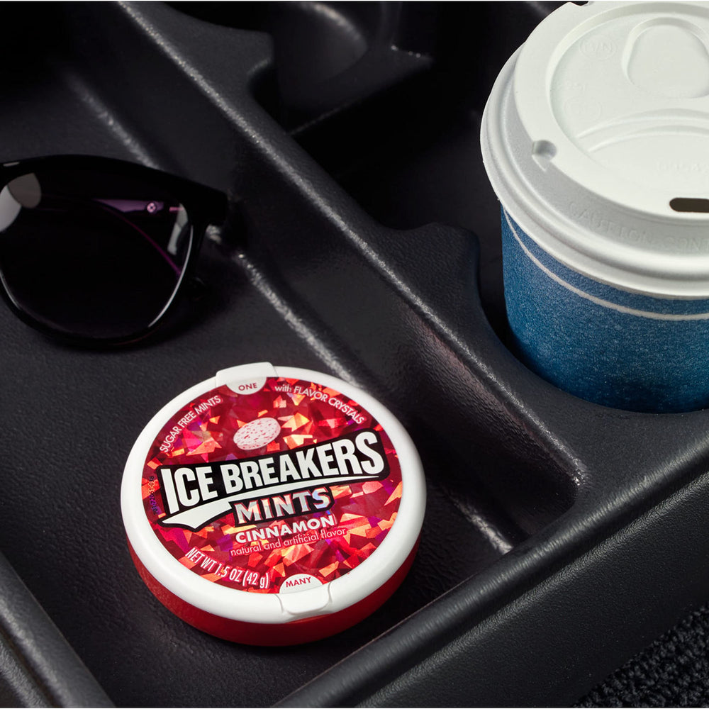Ice Breakers sugar free mints in car for quick fresh breath on the go.