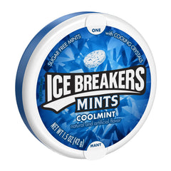 Ice Breakers CoolMint mints container close-up for portable breath refreshment.