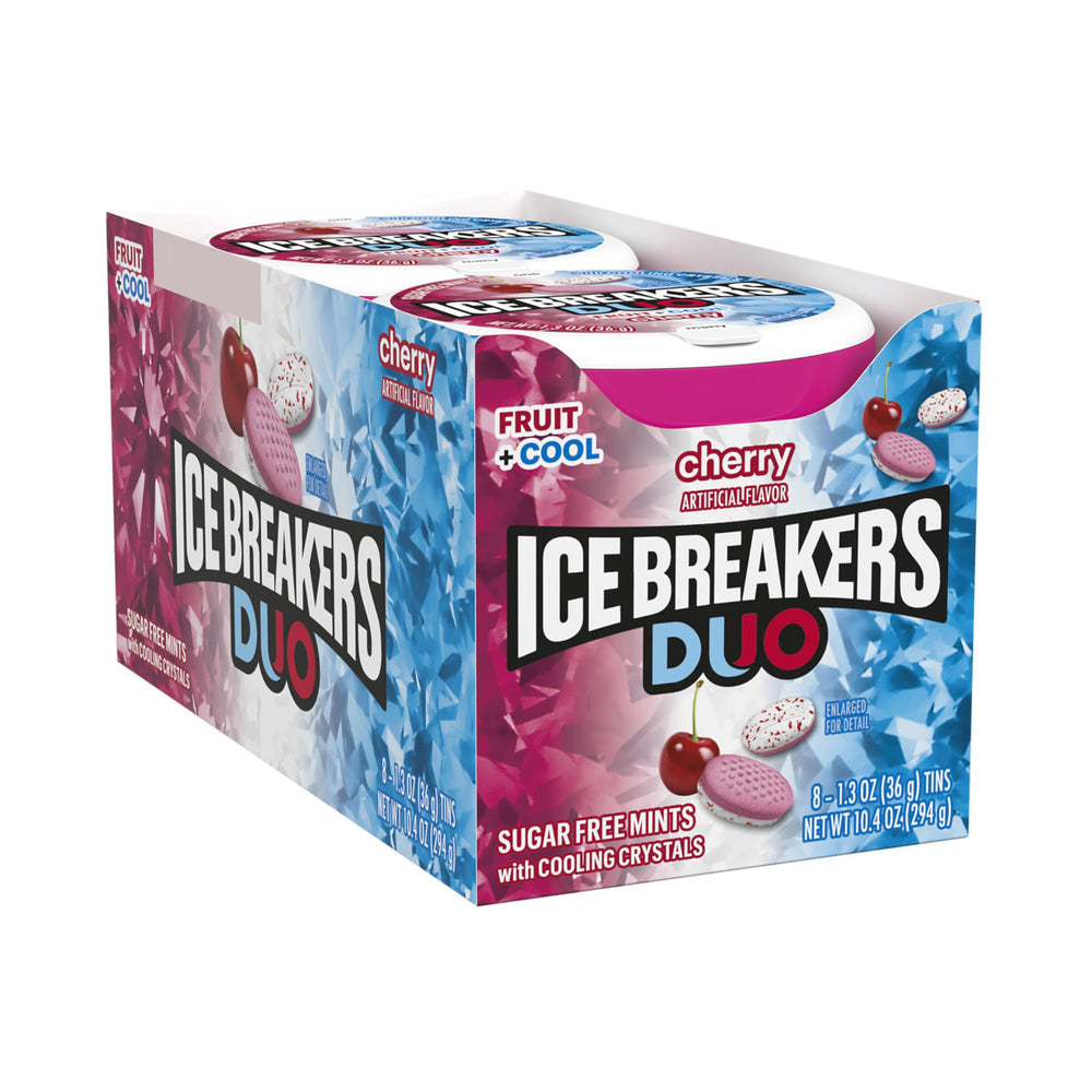 Ice Breakers Duo Cherry Mint Puck package display for portable breath refresh