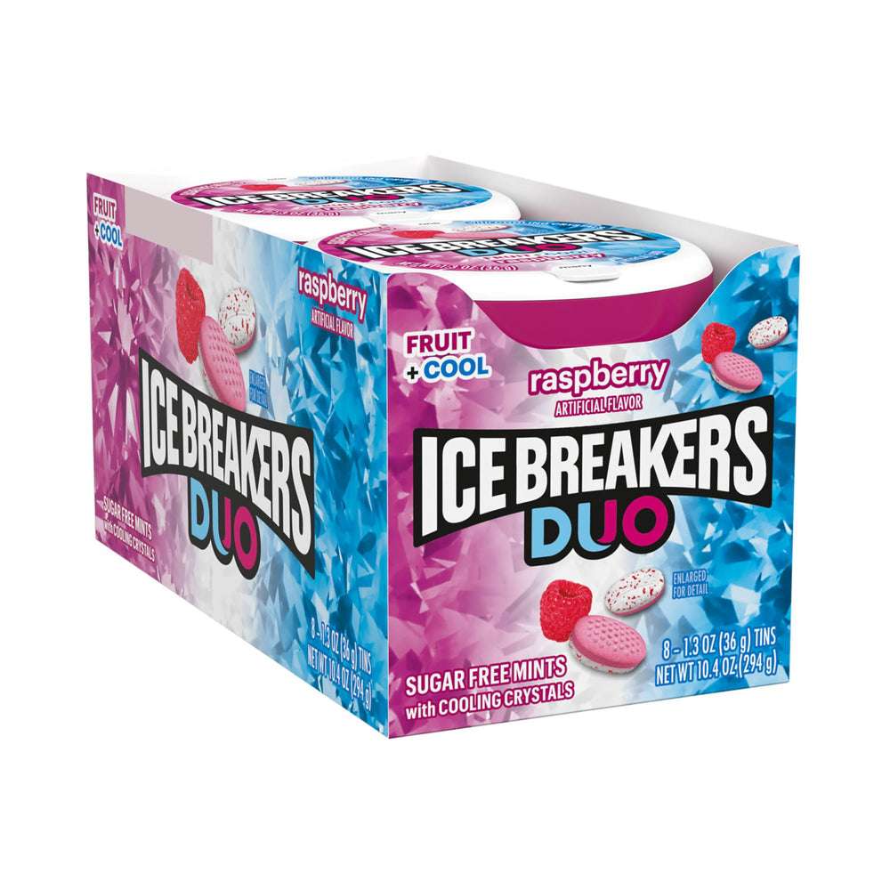 Close-up of raspberry flavor and cooling crystals in Ice Breakers Duo mints.